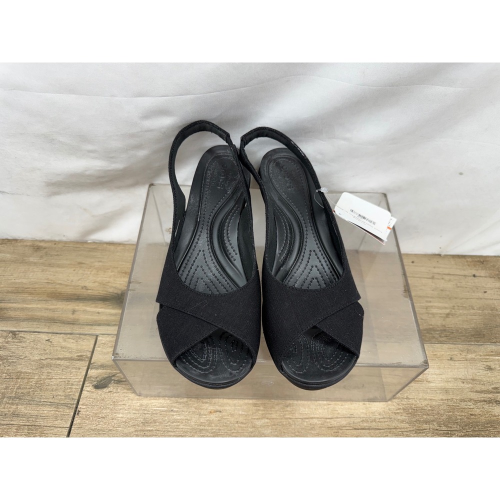 Crocs Leigh Ann Slingback Black Canvas Wedge Sandals Women W9 New